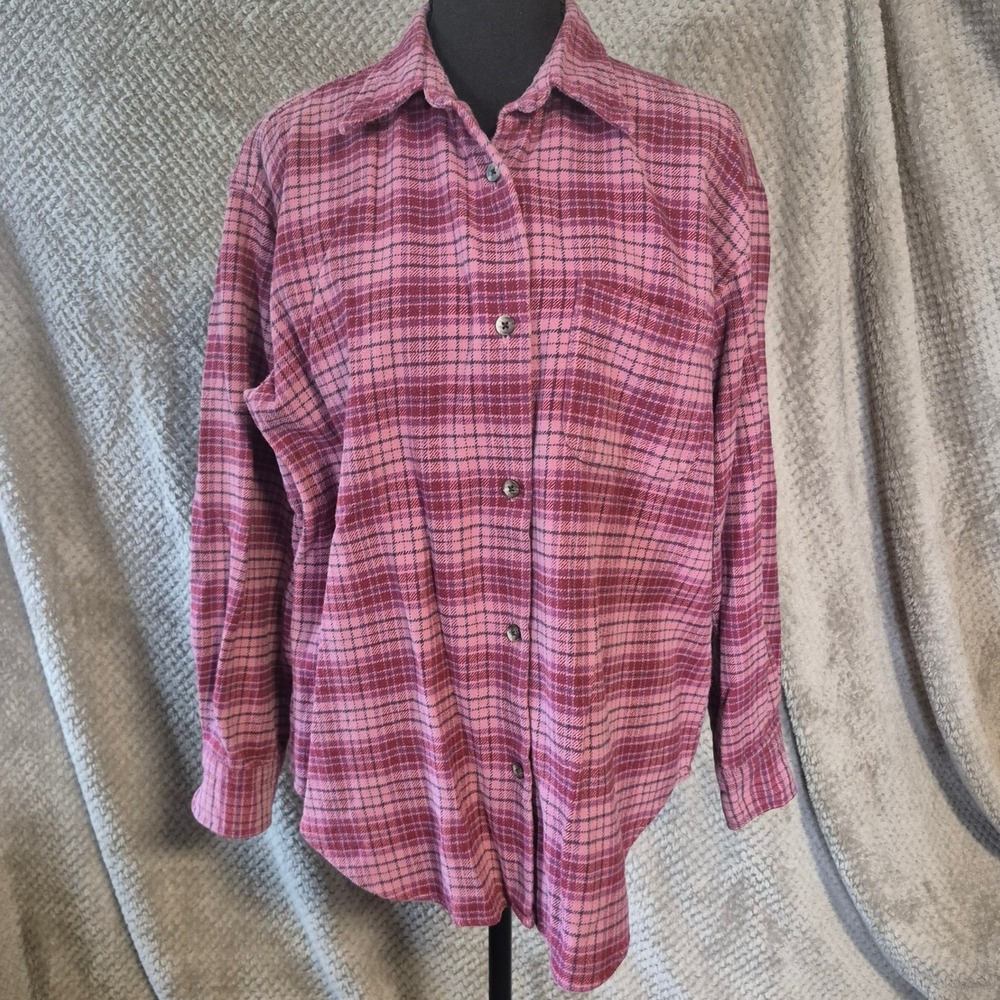 Eddie Bauer Womens Pink Purple Plaid Flannel Shirt Cotton Button Down Small